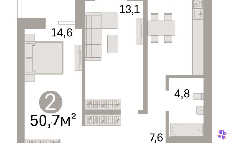 Двухкомнатная квартира площадью 50,7 кв.м.